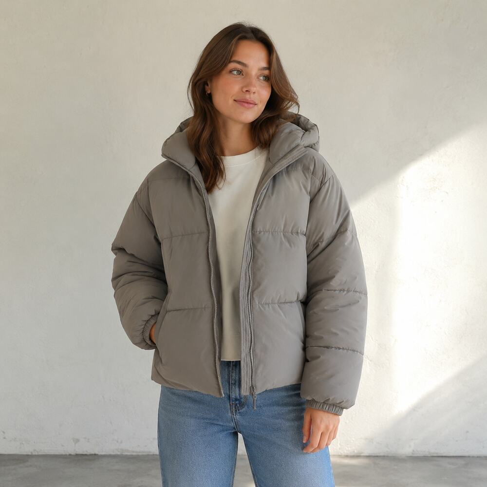 Abercrombie & Fitch Puffer Jacket Unisex Women M Taupe Hooded Zip Wind/Water Res